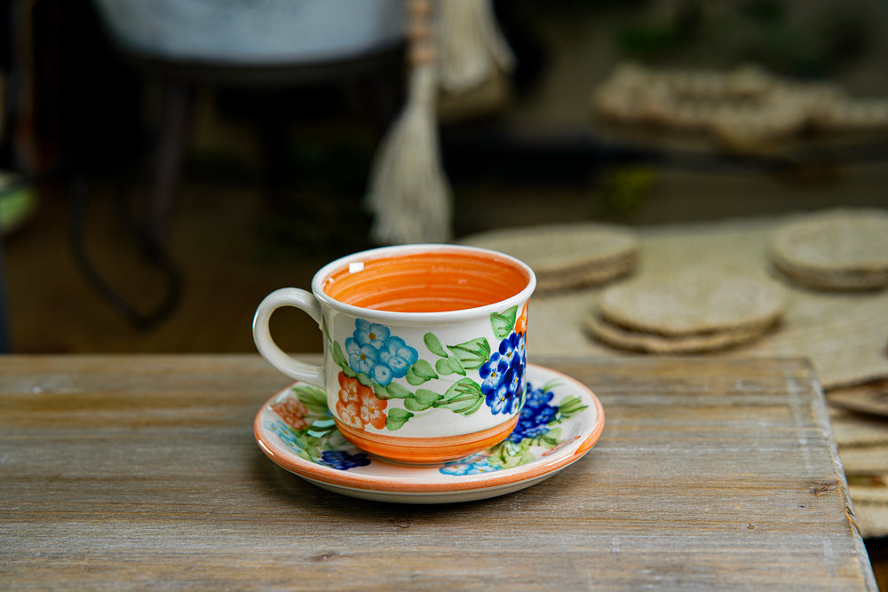CFS - Medium Artisan Mug – Multicolor Floral Design with Orange Interior