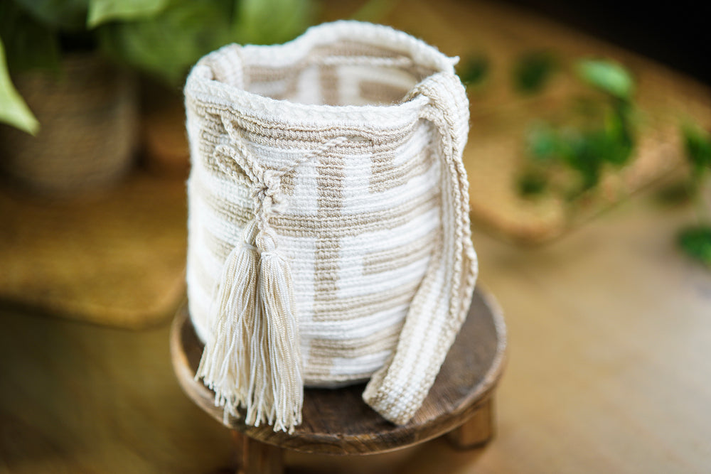 Handmade White and Beige Bag with Geometric Design