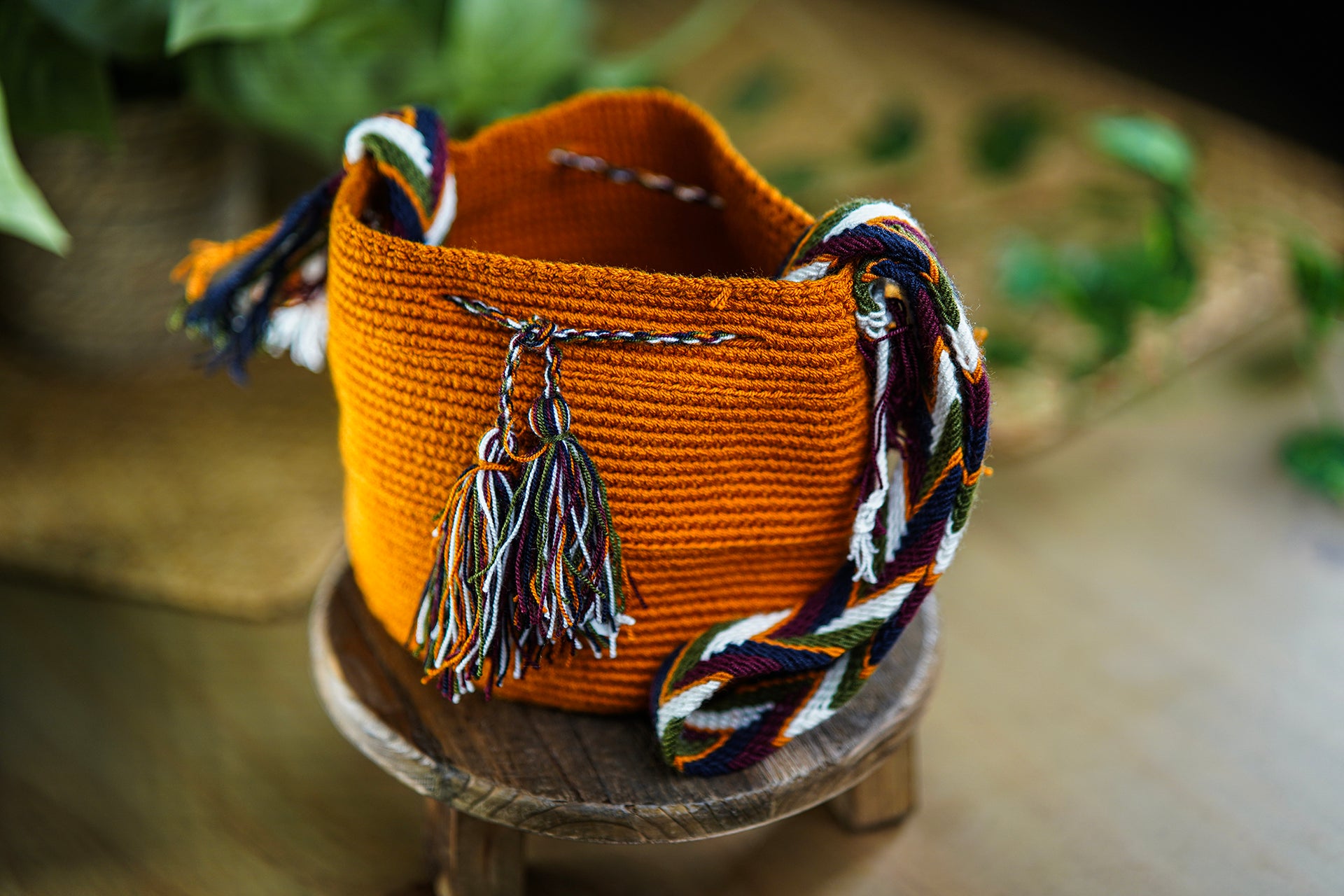 Handmade Orange Bag with Multicolor Strap