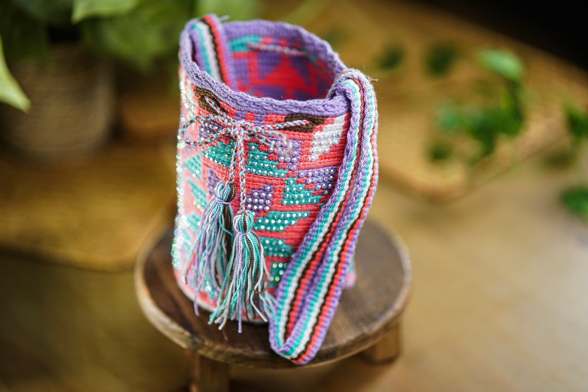 Handmade Bag Decorated with Beads in Vibrant Colors