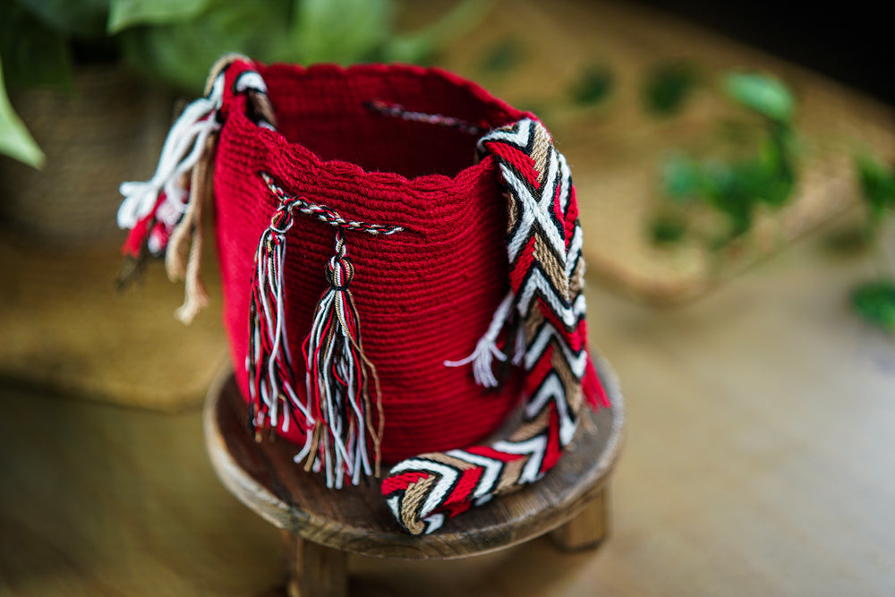 Handmade Red Bag with Multicolor Strap