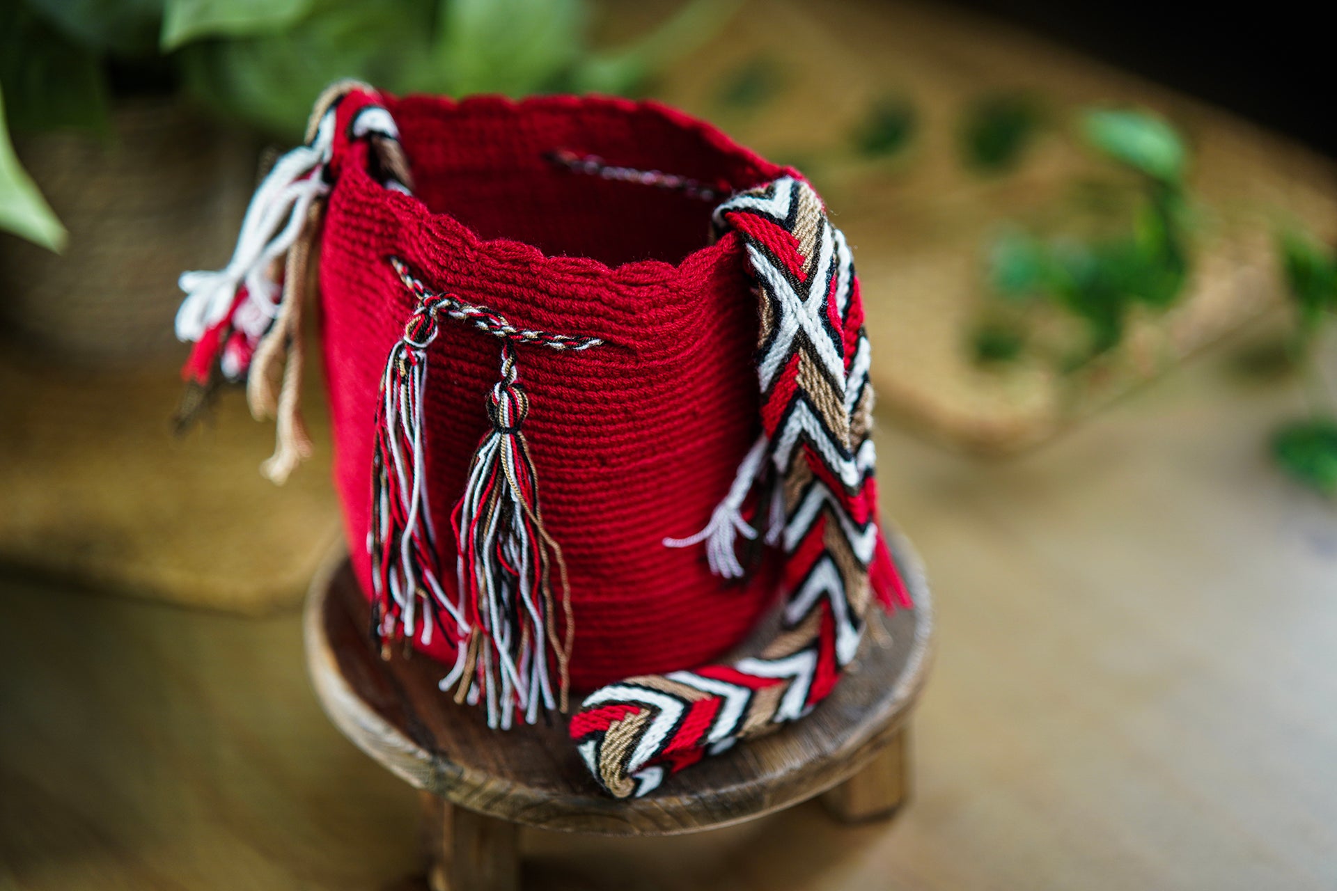 Handmade Red Bag with Multicolor Strap