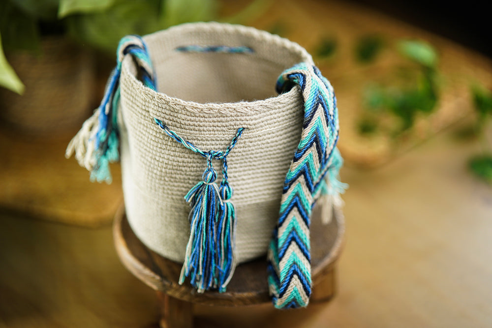 Handmade Beige Bag with Blue Toned Strap