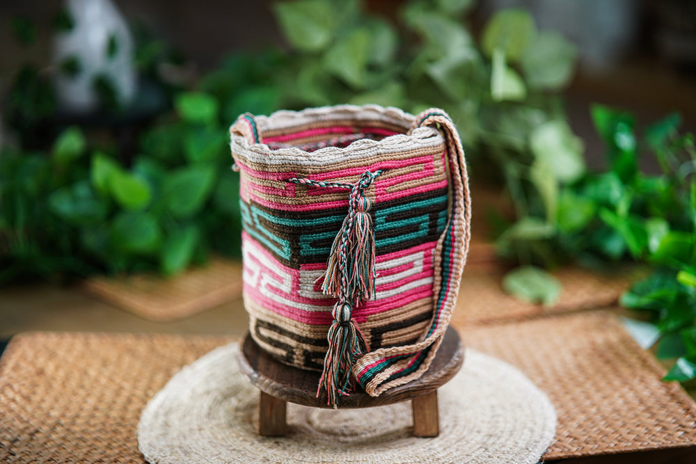 Handmade Bag with Geometric Design in Earth and Pink Tones