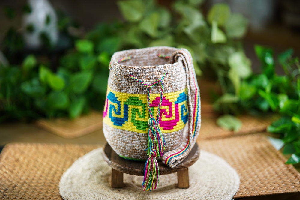 Handmade Beige Bag with Vibrant Color Stripes
