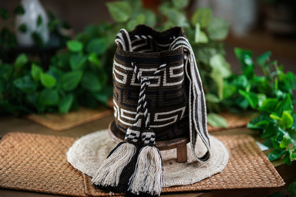 Handmade Black and Beige Bag with Geometric Design