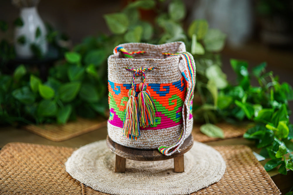 Handmade Beige Bag with Multicolor Stripe