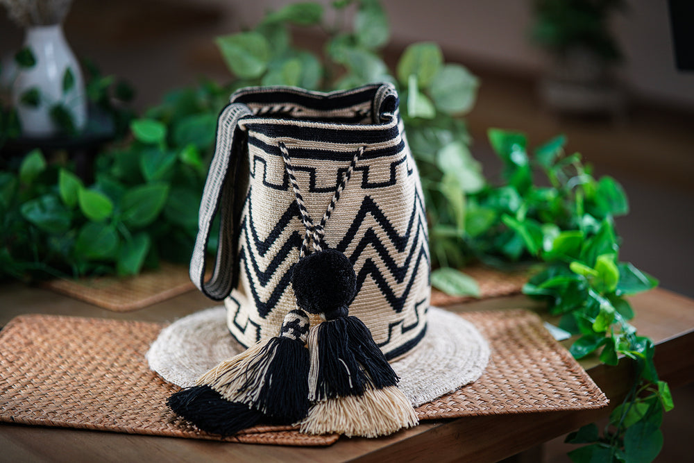 Handmade Black and White Bag with Chevron Design