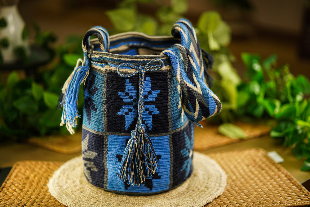 Handmade Blue and Black Bag with Geometric Designs