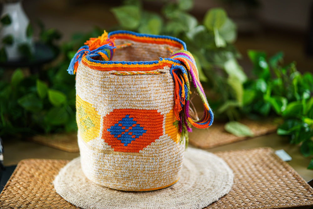 Handmade Beige Bag with Orange and Yellow Designs