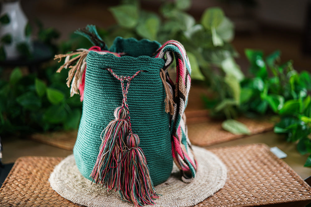 Handmade Green Bag with Multicolor Strap