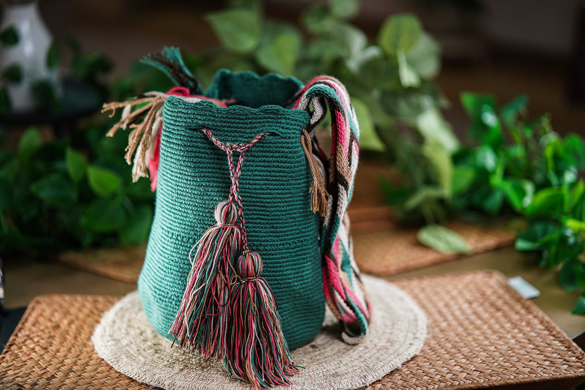Handmade Green Bag with Multicolor Strap