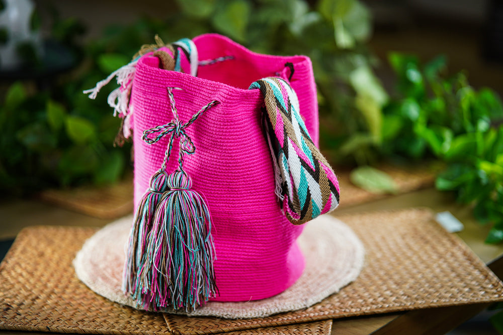 Handmade Fuchsia Bag with Multicolor Strap