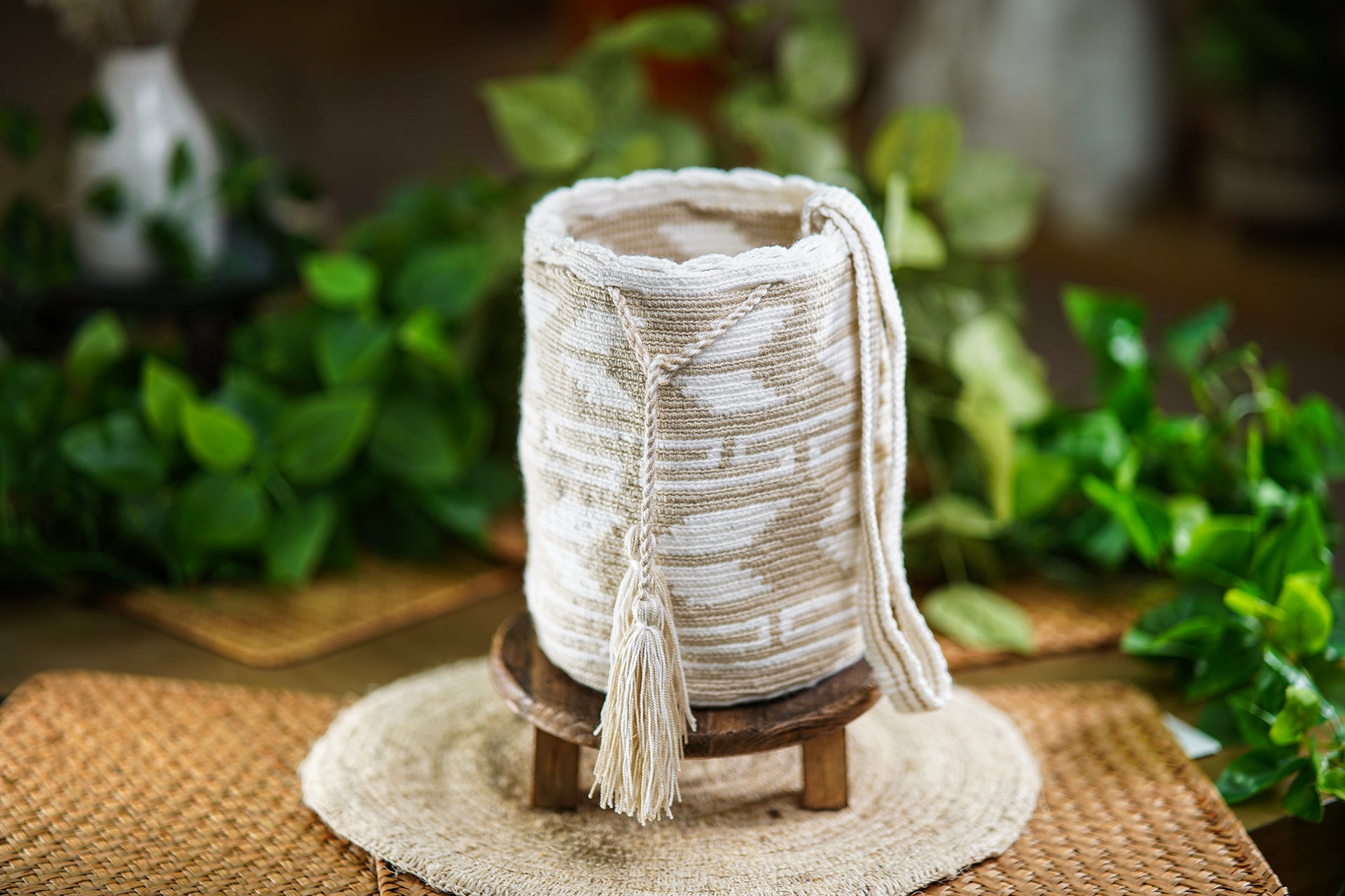 Handmade White and Beige Bag with Geometric Design