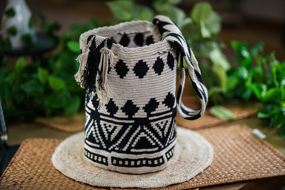Handmade Black and White Bag with Geometric Designs