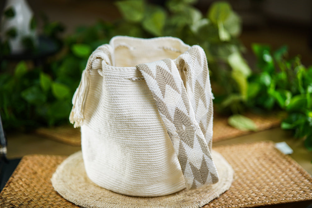 Handmade White Bag with Beige Strap