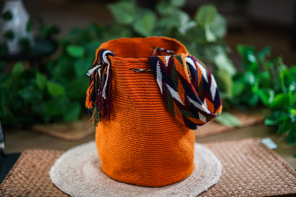 Handmade Orange Bag with Multicolor Strap