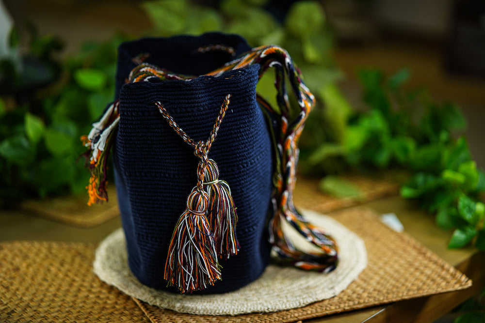 Handmade Navy Blue Bag with Multicolor Tassels