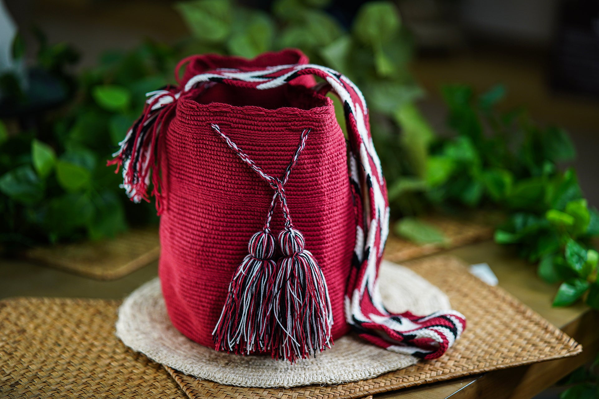 Handmade Red Bag with Black &amp; White Strap
