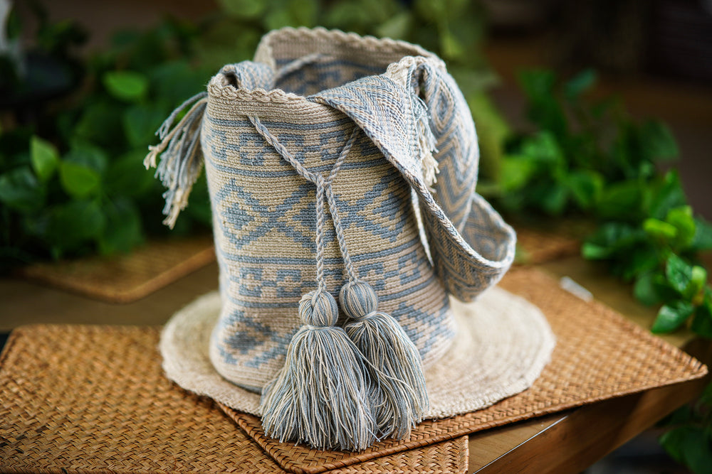 Handmade Beige and Light Blue Bag with Ethnic Design