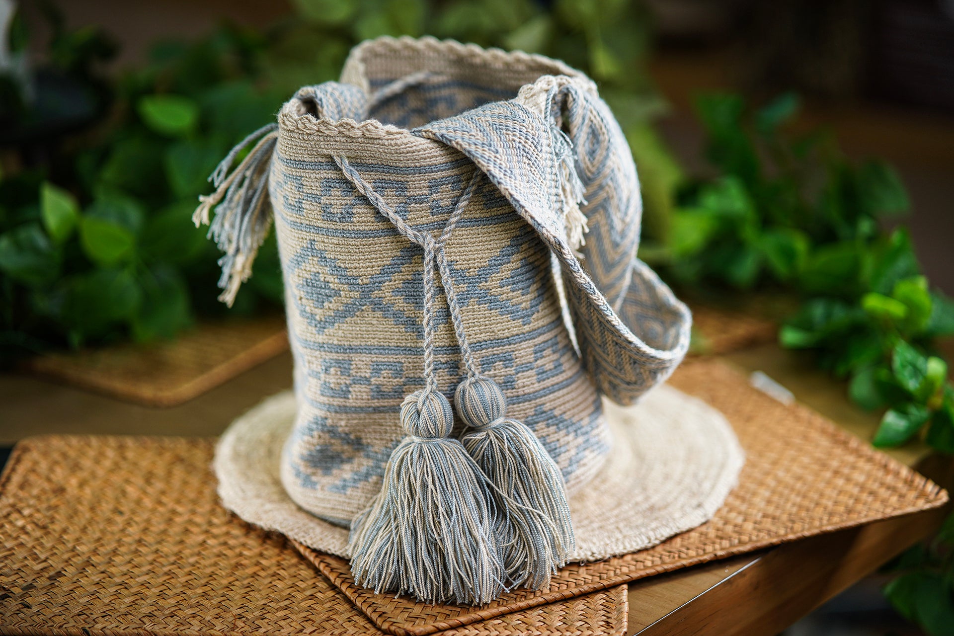 Handmade Beige and Light Blue Bag with Ethnic Design