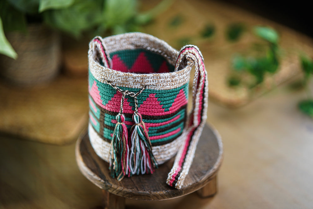 Handmade Bag with Geometric Design in Green and Fuchsia