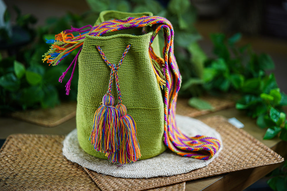 Handmade Green Bag with Multicolor Strap