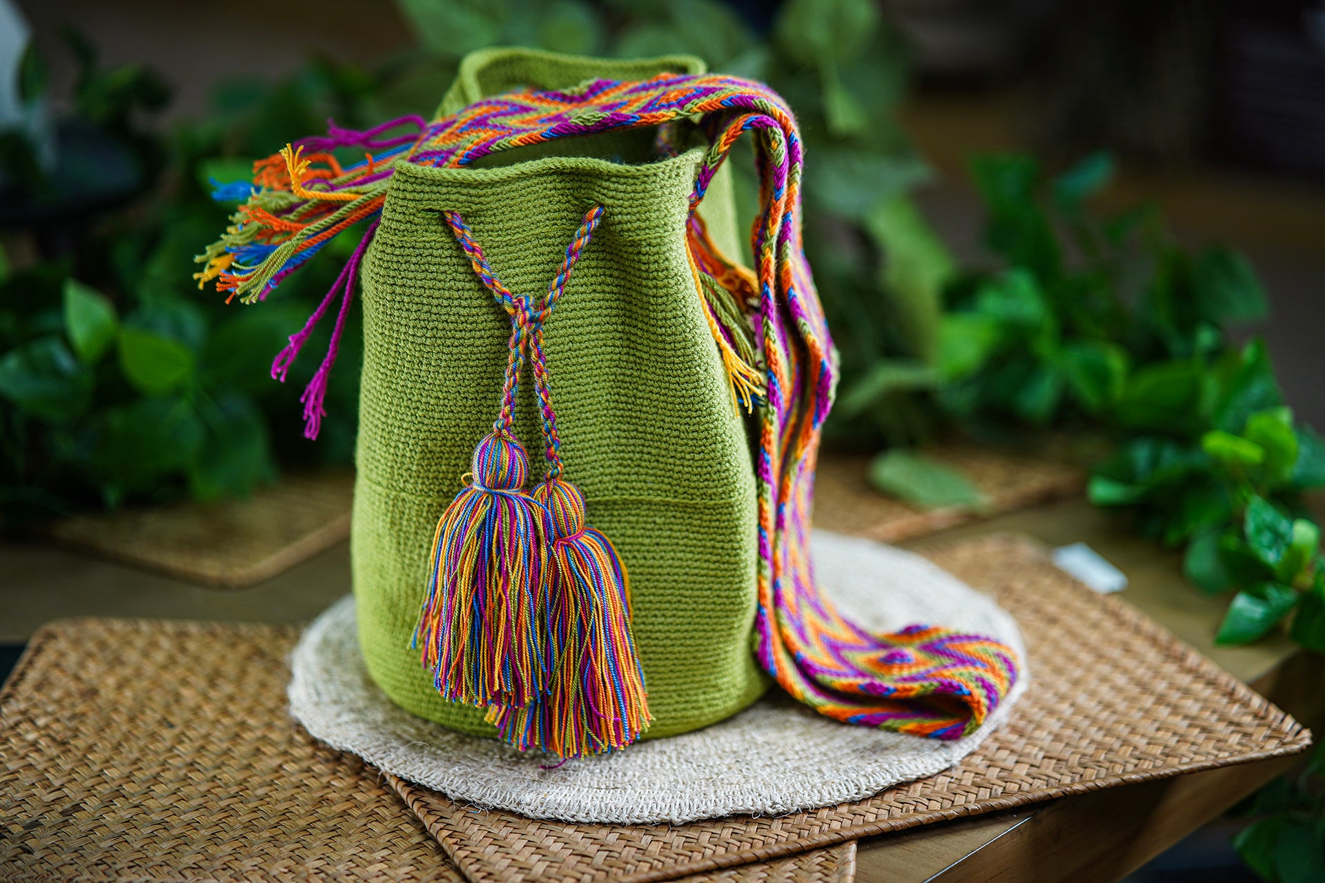 Handmade Green Bag with Multicolor Strap