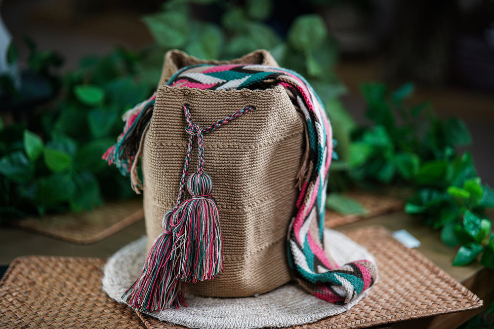 Handmade Brown Bag with Multicolor Strap