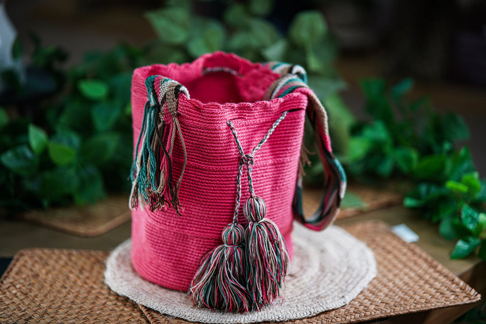 Handmade Fuchsia Bag with Multicolor Strap