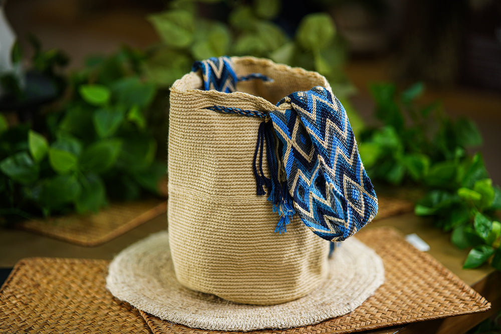 Handmade Beige Bag with Blue Geometric Strap