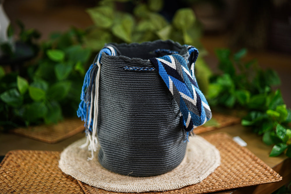 Handmade Dark Gray Bag with Blue and White Strap