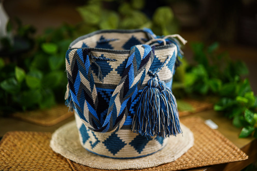 Handmade Blue and Beige Bag with Geometric Design