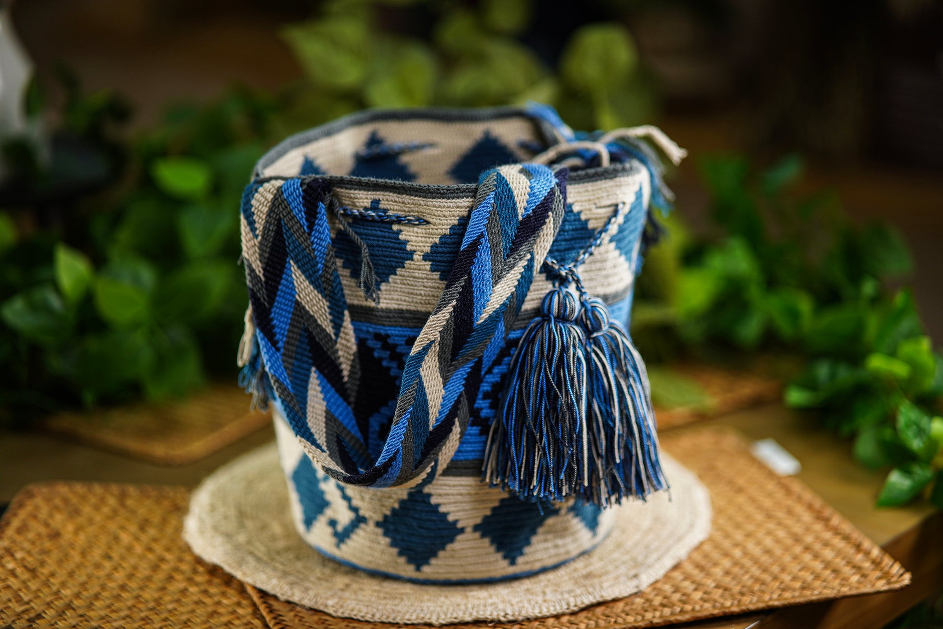 Handmade Blue and Beige Bag with Geometric Design