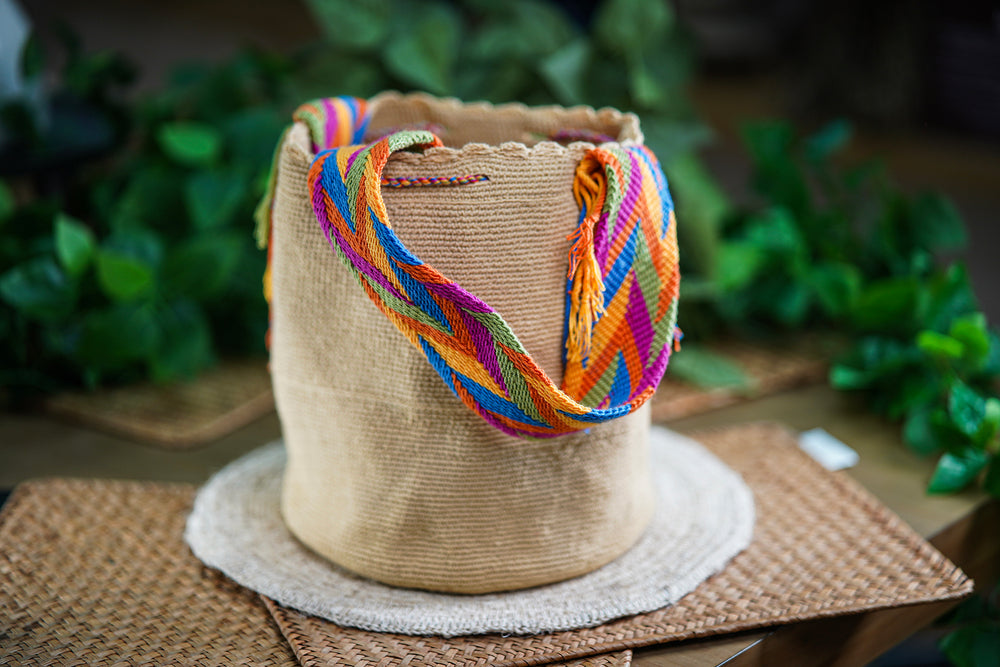 Handmade Beige Bag with Multicolor Strap