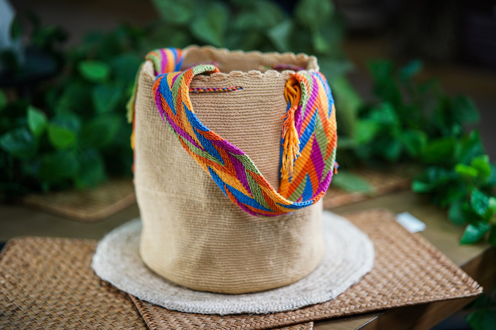 Handmade Beige Bag with Multicolor Strap