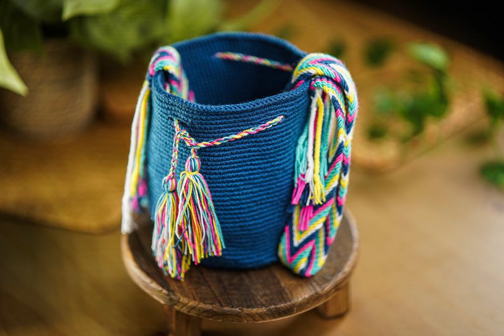 Handmade Blue Bag with Multicolor Strap