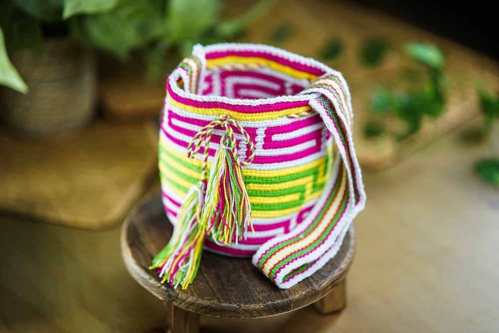 Handmade Bag with Geometric Design in Fuchsia, Green and Yellow